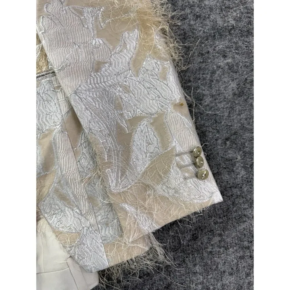 Torres Mens Tuxedo Suit 38 US 48 EU Beige Floral Borcade Tasseled 3pcs Set N11